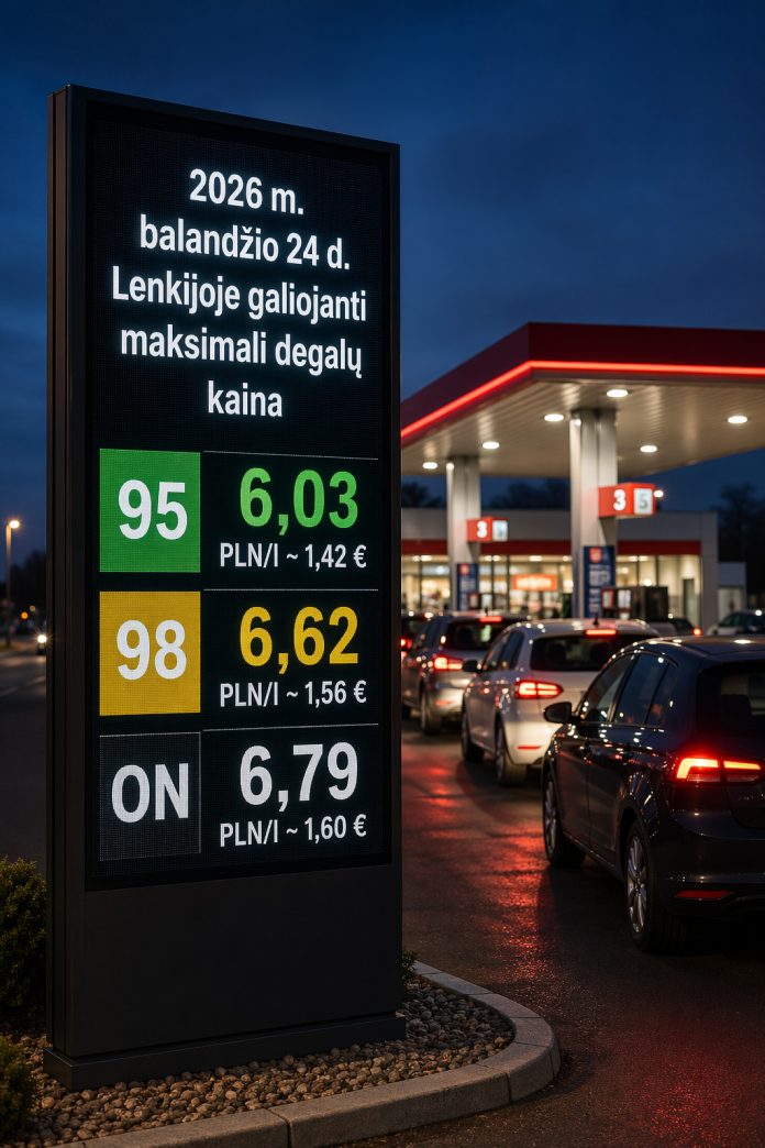 Naujos didžiausios degalų kainos Lenkijoje nuo 2026 m. balandžio 24 d.