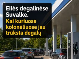 Eilės degalinėse Suvalke. Kai kuriuose kolonėliuose jau trūksta degalų