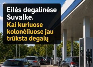 Eilės degalinėse Suvalke. Kai kuriuose kolonėliuose jau trūksta degalų