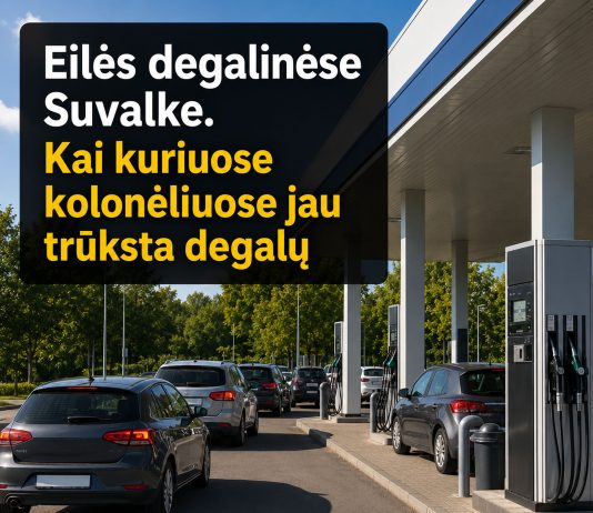 Eilės degalinėse Suvalke. Kai kuriuose kolonėliuose jau trūksta degalų
