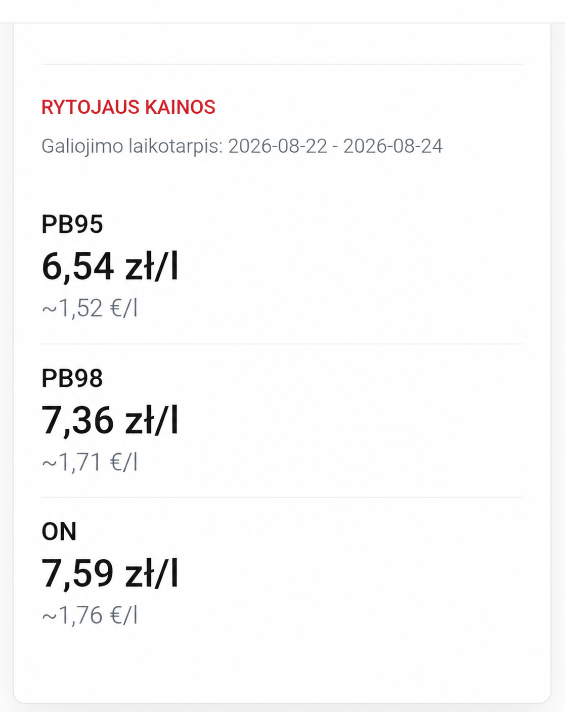 Kuro kainos Lenkijoje 2026 m. rugpjūčio 22–24 d. savaitgalį. Paskelbtos naujos maksimalios kainos
