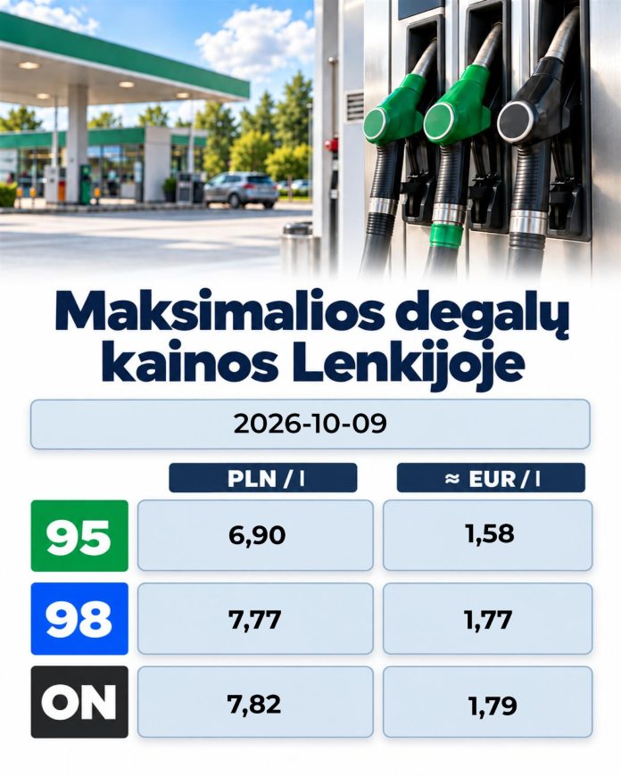 Lenkijoje 2026-10-09 galiojančios maksimalios 95-ojo, 98-ojo benzino ir dyzelino kainos.