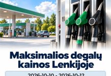 Maksimalios degalų kainos Lenkijoje – 2026-10-10 – 2026-10-12 Lenkijoje 2026-10-10 - 2026-10-12 galiojančios maksimalios 95-ojo, 98-ojo benzino ir dyzelino kainos.