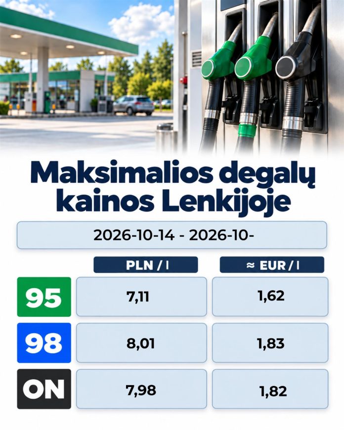 Lenkijoje 2026-10-14 - 2026-10- galiojančios maksimalios 95-ojo, 98-ojo benzino ir dyzelino kainos.