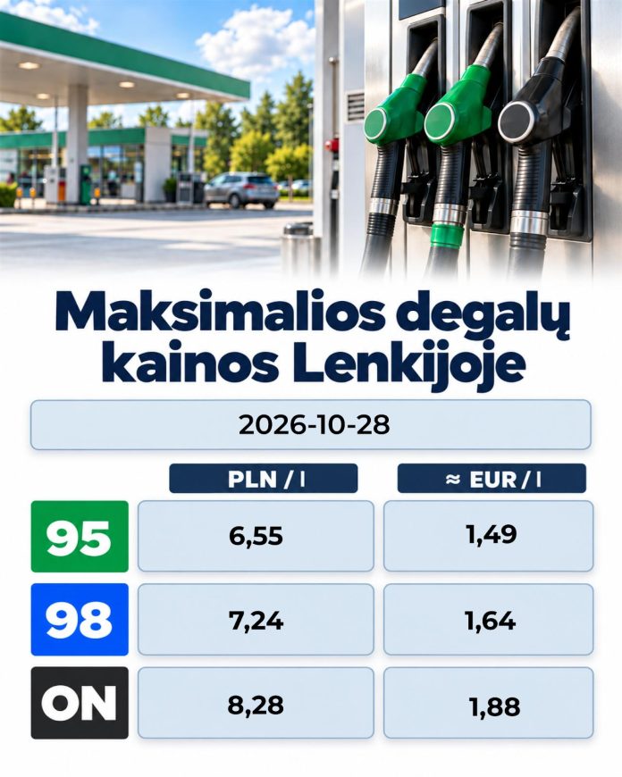 Kuro Kainos Lenkijoje - 2026-10-28 Lenkijoje 2026-10-28 galiojančios maksimalios 95-ojo, 98-ojo benzino ir dyzelino kainos.